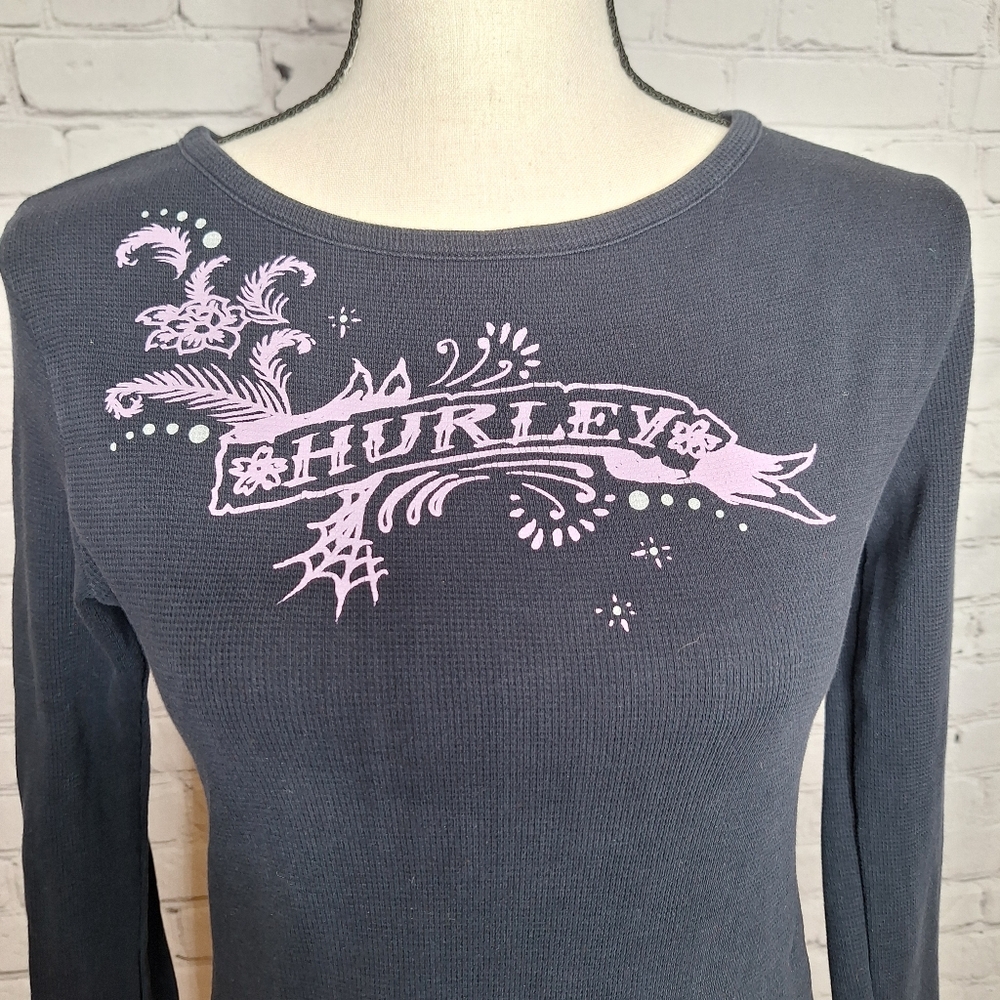 Hurley Black Fitted Long Sleeve Thermal Lavender Graphic Shirt Sz Medium - Picture 2 of 7